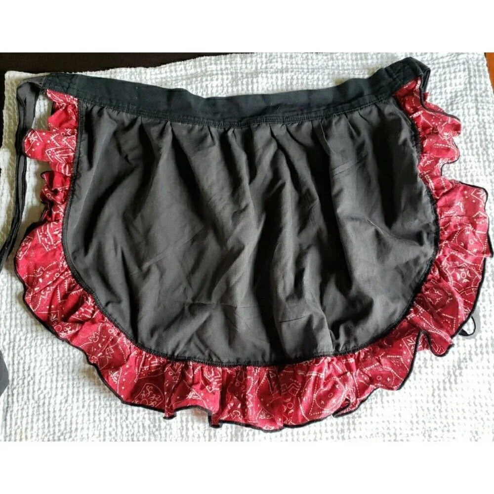 Handcrafted Bandana Paisley Half Apron Grey Red Ruffle Pocket Cottagecore